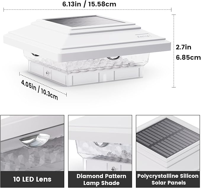 SIEDiNLAR 5.5x5.5 inch Solar Post Lights 50 Lumens 2 Modes, Post Caps Light Outdoor Waterproof for 5.5x5.5 Vinyl Wooden Posts, Deck Fence Garden Patio Decor, Warm/White Lighting (White,1 Pack)