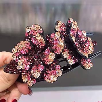 Rhinestone Double Flower Hair Clip,Crystal Duckbill Clip Hairpin with Teeth Non-Slip Women Hair Dovetail Clips for Thick Long Hair Accessories(I)