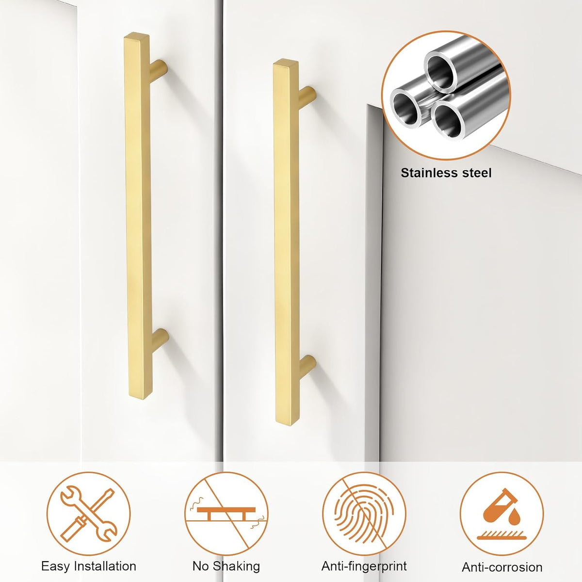 Probrico 3 Pack Hole Centers 7.5 Inch Brushed Brass Cabinet Handles Square T Bar Kitchen Cabinet Pulls Stainless Steel Polished Gold Dreser Drawer Pulls Total Length 10Inch