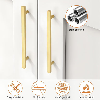 Probrico 3 Pack Hole Centers 7.5 Inch Brushed Brass Cabinet Handles Square T Bar Kitchen Cabinet Pulls Stainless Steel Polished Gold Dreser Drawer Pulls Total Length 10Inch