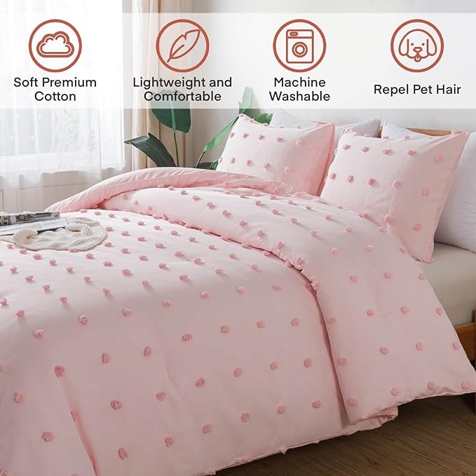 Paxrac Pink TwinTwin XL Comforter Set (68x90 inches), 2 Pieces- Soft Cotton Lightweight Blush Comforter with 1 Pillowcase, Chenille Dots All Season Down Alternative Comforter Set for Bedding
