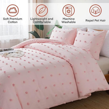 Paxrac Pink TwinTwin XL Comforter Set (68x90 inches), 2 Pieces- Soft Cotton Lightweight Blush Comforter with 1 Pillowcase, Chenille Dots All Season Down Alternative Comforter Set for Bedding