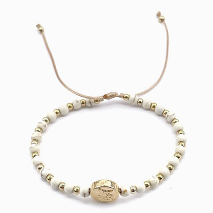 St Michael Archanel Coin and Natural Round White Turquoise Beads Adjustable Bracelet for Women (White Turquoise)