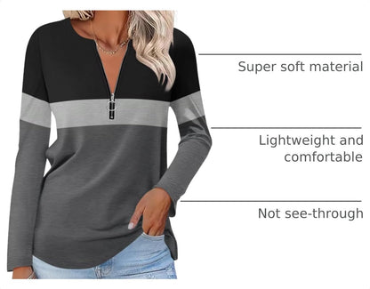 Women's Long Sleeve Shirts Fall Zipper Tops Tunics Ladies Casual Tees Blouses