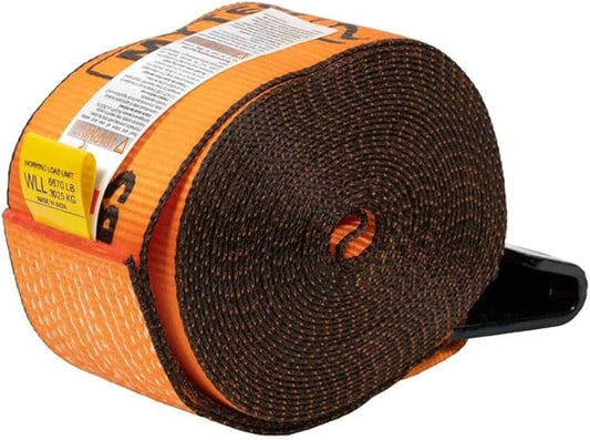 Mytee Products Winch Straps 4" x 30' - High Abrasion Orange Heavy Duty Tie Down wFlat Hook Extreme WLL 6670 lbs  4 Inch Cargo Control for Flatbed Truck Utility Trailer