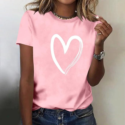 Valentines T Shirts for Women Cute Heart Print Graphic Tees Casual Short Sleeve Top Summer Fashion Round Neck Blouse
