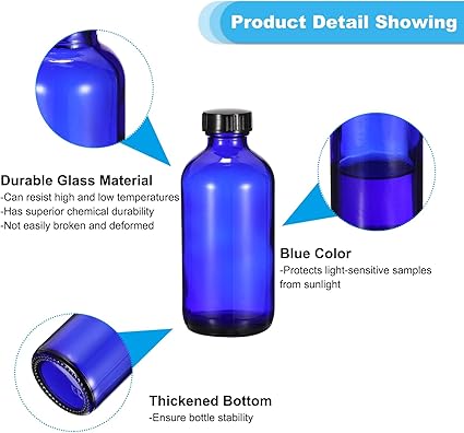 PATIKIL 8oz(240ml) Glass Sample Bottles, 2Pcs Round Bottle Dispensing Bottles with Black Poly Cone Cap for Reagent Liquids, Essential Oils, Perfume, Blue