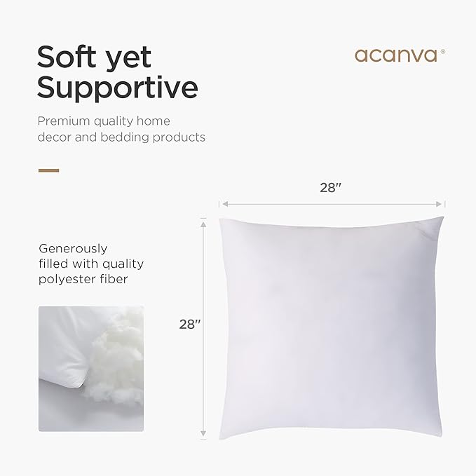 Acanva Throw Pillow Inserts for Bed Couch Sofa Chair Indoor Decorative, Square Sham Stuffer Cushion with Premium Polyester Microfiber, 28x28 Inch(2 Count), White