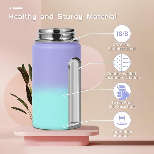 Volhoply 14oz KIds Stainless Steel Insulated Leakproof Bottles Water Bottle with Straw Lid and Silicone Boot,BPA-Free Easy Use for Boys&Girls,Double Wall Vacuum Bottles(Purple Blue,1)