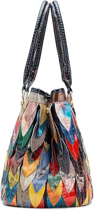 3D Multicolored Leaves Handbag for Women Cow Patent Leather Shoulder Purse Colorful Spliced Snake Print Crossbody Bag