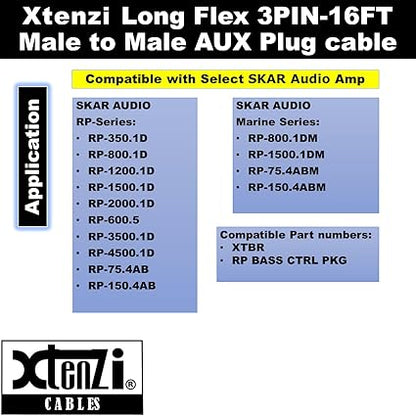 3Pin Jack Flex Cable Wire Accessory for Bass Remote Knob Compatible with SKAR Audio RP and Marine Series Amplifiers (15 Feet)