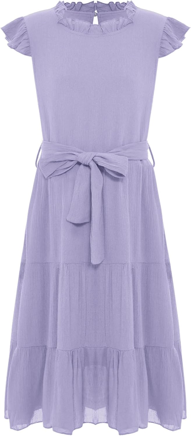 Girls Summer Ruffle Sleeve Flowy Boho Dress Casual A Line Ruffle Tiered Beach Dress with Belt