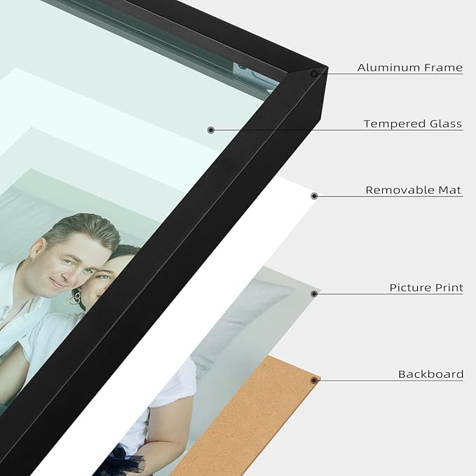 Frametory, 6x8 Aluminum Frames with Mats for 4x6 PicturesPhotos - Real Glass- PortraitLandscape - Horizontal and Vertical Formats for Wall and Table Mounting (Black, 2 Pack)