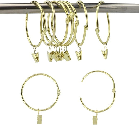 12 Pack Openable Curtain Rings with Clips Metal Hangers Ring 3 inch Interior Diameter Rust Proof for Heavy Duty Vintage Decorative Drapery Eyelet Curtain Rods Gold