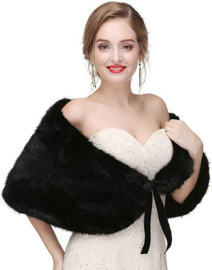 Luxurious faux fur wrap from Olbye, perfect for adding glamour to winter weddings or events, soft, satin-lined shawl.