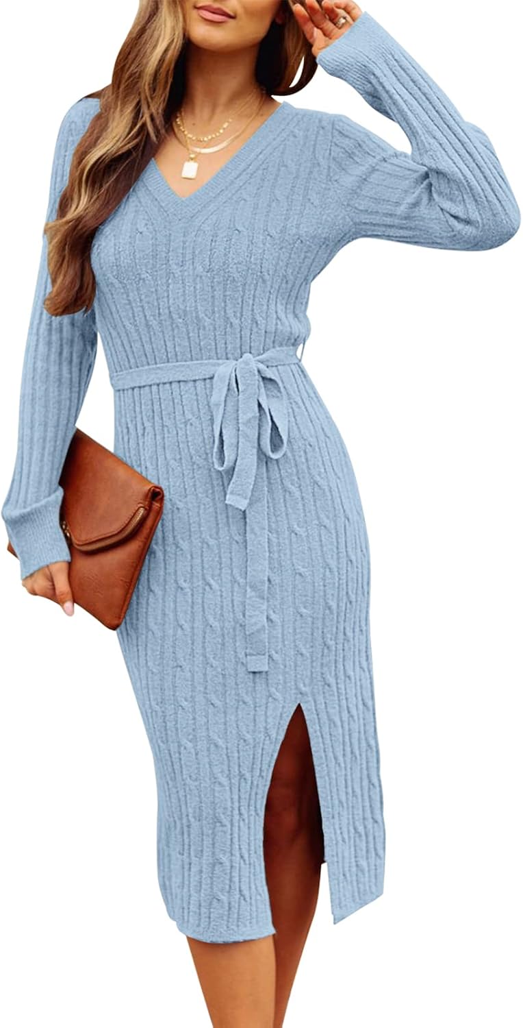 MEROKEETY Womens Fall Long Sleeve V Neck Cable Knit Midi Sweater Dress 2026 | Ladies, Winter, Side Slit, Tie Waist, Soft, Cozy, Stretchable, Baby Shower, Maternity, Gender Reveal, Club, Holiday Dresses