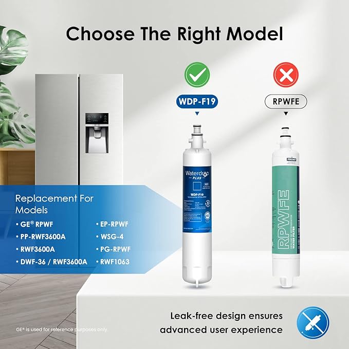 Waterdrop Plus RPWF Refrigerator Water Filter, Replacement for GE RPWF (NOT RPWFE), Reduce PFAS, WDP-F19, DWF-36, R-3600, MPF15350, OPFG3-RF300, RWF1063, Certified by NSF 4015342, 2 Filters