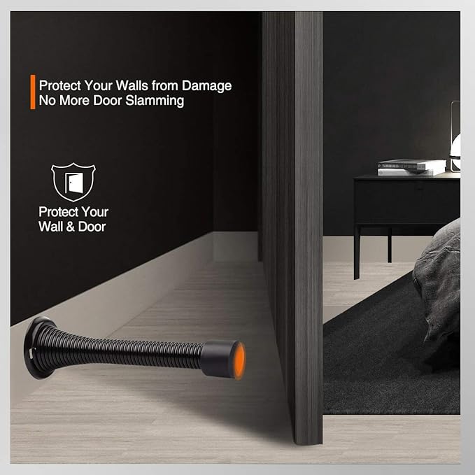1Pack Spring Door Stopper Black- 3-1/4" Flexible Spring Door Stops with Black Rubber Bumper Tips