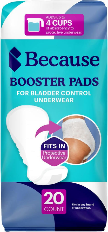Because Premium Incontinence Booster Pads for Men and Women, Adds 4 Cups Extra Absorbency to Adult Diapers, Super Soft, Adhesive Strip Backing, Unisex, 20 Count