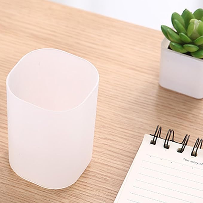 Transparent Frosted PP Pencil Pen Holder Cup,Desk Accessories Holder,Makeup Brush Storage Organizer,Modern Design Desktop Stationery Organizer (White)