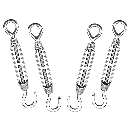 Turnbuckles Hook, Reedny 304 Stainless Steel Turnbuckle Heavy Duty M4 M6 M8 Hook and Eye Turnbuckle for Cables Wire Rope Tension 532" 14" 516" for Sun Shade Fence Tent Rope Installation(M4, 4Pcs)