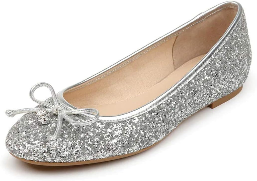 FSJ Women Cute Glitter Ballet Round Toe Flats Bowknot Decor Comfort Loafer Slip On Flat Formal Casual Evening Prom Dress Shoes Size 4-15 US