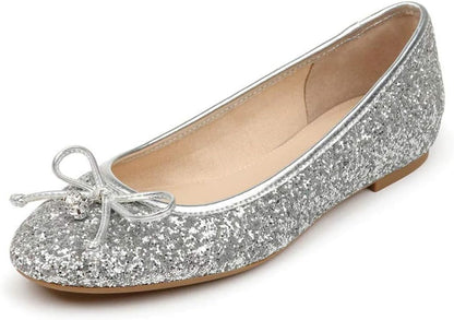 FSJ Women Cute Glitter Ballet Round Toe Flats Bowknot Decor Comfort Loafer Slip On Flat Formal Casual Evening Prom Dress Shoes Size 4-15 US