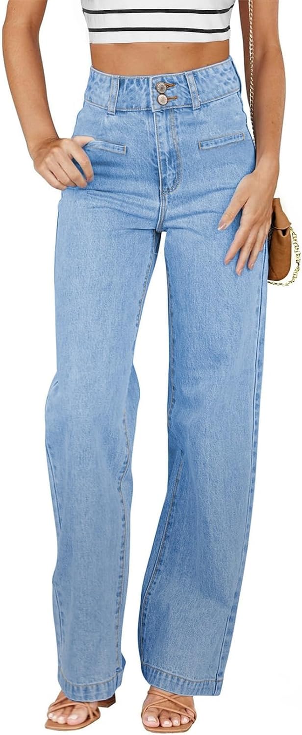 Women's Jeans High Waisted Straight Leg Stretchy Jeans Trendy Loose Wide Leg Zimbaplatinum Denim Pants with Pockets