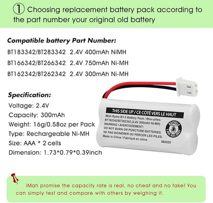 iMah BT162342BT262342 2.4V 300mAh Ni-MH Cordless Phone Battery Pack, Also Compatible with BT183342BT283342 ATT EL52351 TL90070 VTech CS5119 DS6511 DS6722 LS6305 Handset, 2-Pack