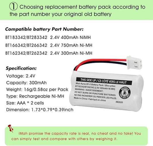 iMah BT162342BT262342 2.4V 300mAh Ni-MH Cordless Phone Battery Pack, Also Compatible with BT183342BT283342 ATT EL52351 TL90070 VTech CS5119 DS6511 DS6722 LS6305 Handset, 2-Pack