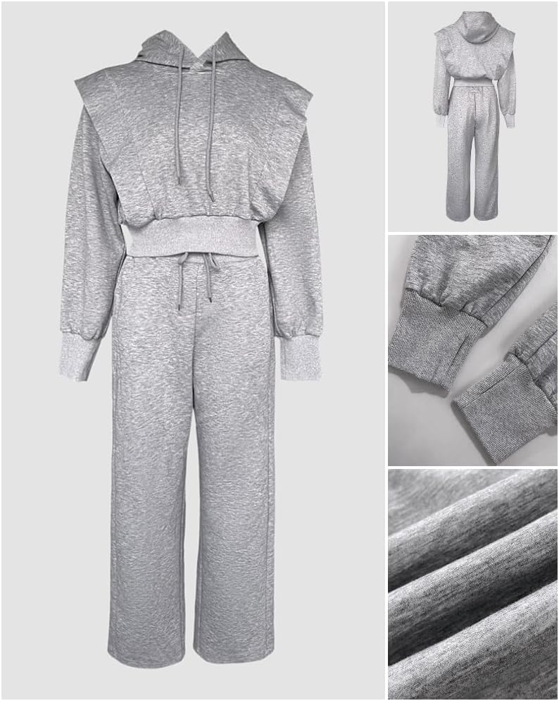 CHICME Womens 2 Piece Outfits Cropped Long Sleeve Hoodie and Wide Leg Sweatpants Set Fall Fashion Sweatsuit Tracksuit.