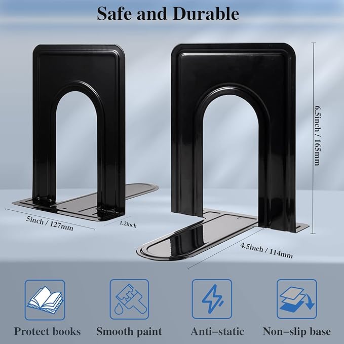 30 Pcs Metal Book Ends for Shelves, Heavy Duty Bookends for Office Home Kitchen Decorative, Nonskid Book Ends to Hold Heavy Books Black 6.5 x 5 x 5.7 in, 15 Pairs