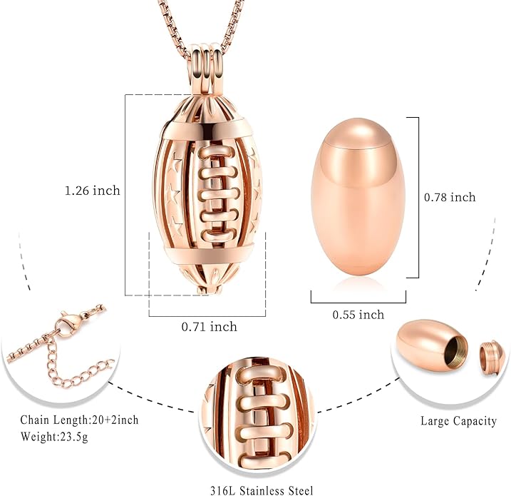 Oinsi American Football Cremation Locket Necklace For Ashes Of Loved Ones Stainless Steel Memorial Urn Jewelry Women Men Keepsake Fashion Necklace