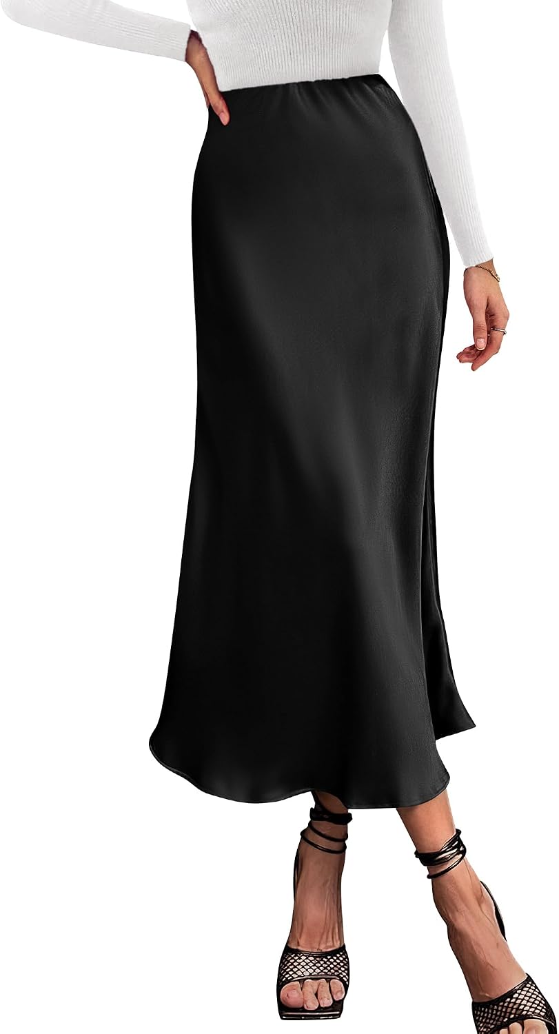 High-quality satin midi skirt from BTFBM, flowy A-line silhouette, elegant design, perfect for any special occasion.