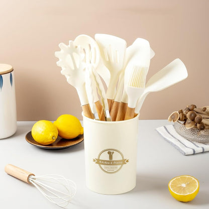 Carote 1pc Wooden Handle White Silicone Kitchenware Set 12 Pieces Set Kitchenware Pot Spatula Kitchen Tools