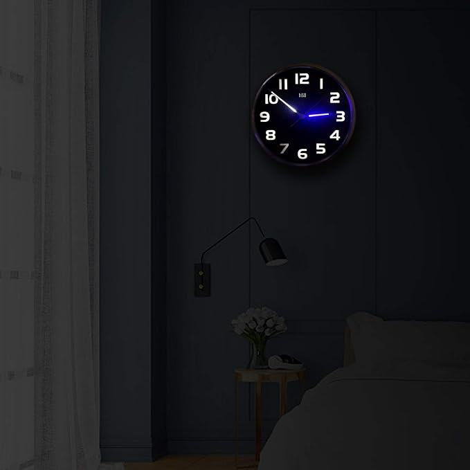 HITO 12 Inch Night Light Wall Clock Battery Operated Brightness Adjustable, Metal Frame, Glass Cover(Hands  Numbers Illuminate)