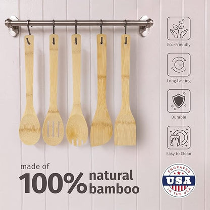 PrintSupremacy Bamboo Cooking Spoons Set, Non Stick Wooden Kitchen Gadget Pan Cookware, Baking Gift for Housewarming Wedding Birthday, Chef Foodie Gift (Plain, 1 Piece - Slotted Spoon)