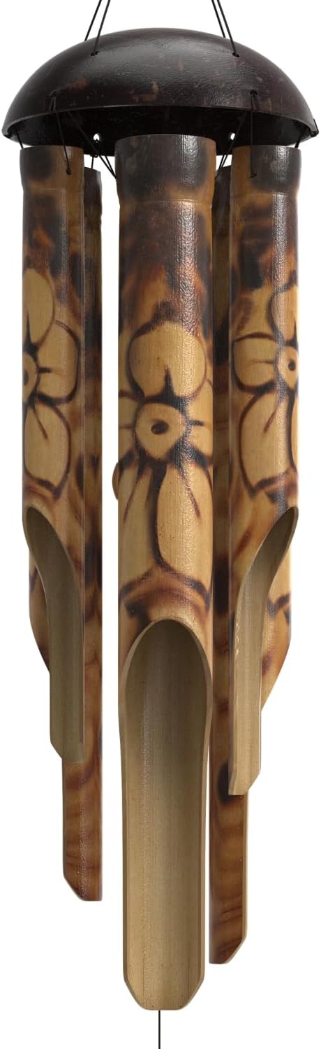 Rustic Bamboo Wind Chimes - Outside Outdoor Wooden Windchimes, Medium, Floral Burned Design with Coconut Crown, Handcrafted with Calming Deep Tones, Home Decor Ideal Gift for Him  Her