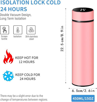 Smart Water Bottle Stainless Steel Vacuum Flask,Travel Mug with Smart LCD Touch Screen, Keep Hot Or Cold, Car Portable Travel Tea Coffee Vacuum Thermoses Cup,Insulated Water Bottle (Pink)