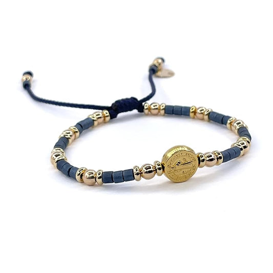 St Benedict Coin Bead Round with Miyuki seed beads and Gold Plated spacers Adjustable Bracelet for Women (Blue)