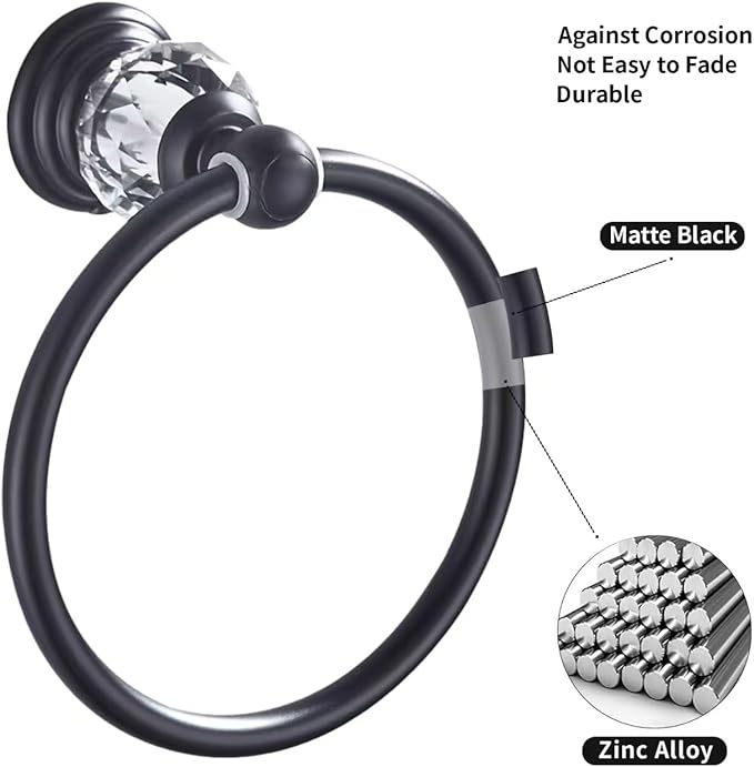 Black Crystal Towel Ring, Bathroom Towel Holder Ring, Matte Black Bathroom Towel Rack Hanger Home Hand Towel Ring Towel Holder for Bathroom Wall Mounted Bathroom Accessory