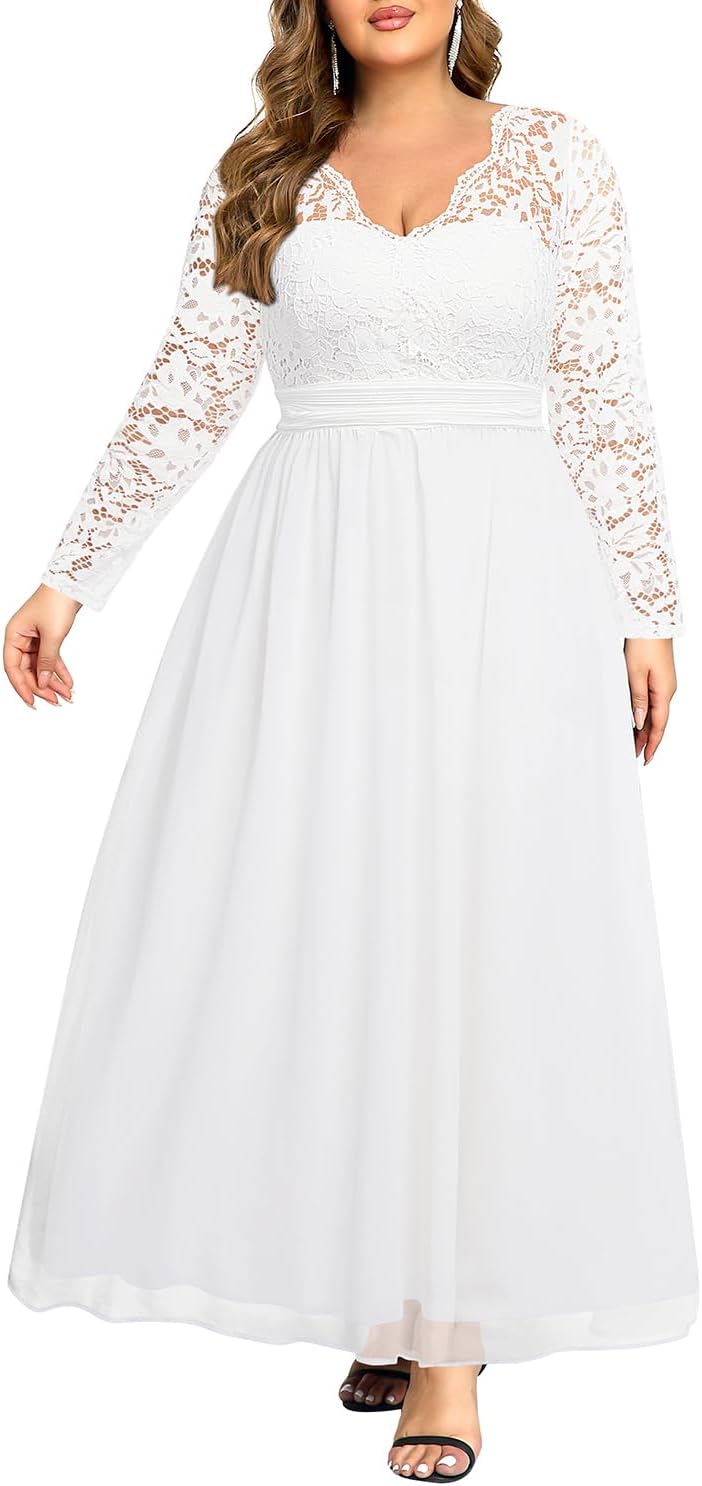 Talisea Plus Size Formal Wedding Dresses - Gowns Evening Prom Elegant V Neck Long Sleeve Lace Chiffon Long Maxi Dress
