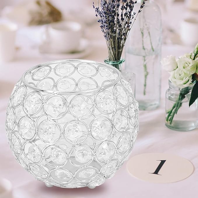 Round Crystal Candlestick - 12cm Wrought Iron Round Candlestick European Candlestick Wedding Christmas Decoration (Silver)