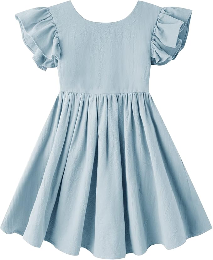 Toddler Baby Girl Cotton Linen Summer Dress Ruffle Sleeve Back Bowknot Kids Beach Dresses
