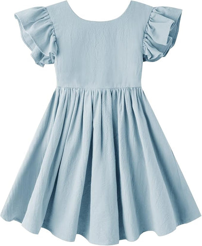 Toddler Baby Girl Cotton Linen Summer Dress Ruffle Sleeve Back Bowknot Kids Beach Dresses