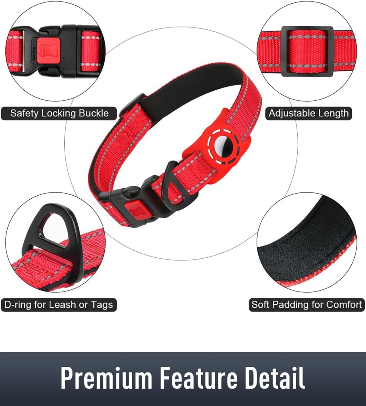 AirTag Dog Collar with AirTag Holder Compatible for Air Tag, Reflective Soft Padded, Safety Locking Buckle, Adjustable Nylon for Small Medium Large Dogs (Red,S) not airtag included