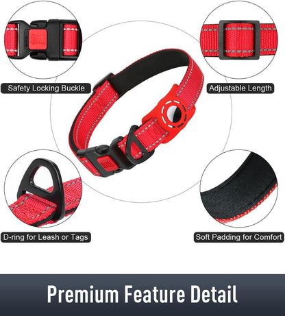 AirTag Dog Collar with AirTag Holder Compatible for Air Tag, Reflective Soft Padded, Safety Locking Buckle, Adjustable Nylon for Small Medium Large Dogs (Red,S) not airtag included