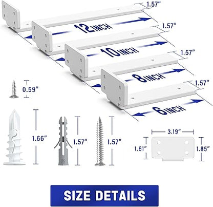 Goovilla Shelf Bracket, Heavy Duty Floating Shelf Brackets 10 inch Long, 6 Pack Brackets for Shelves, White Coated Metal Wall Shelf Support Brackets with 15 Inch Thick and 160 lb. Load Capacity