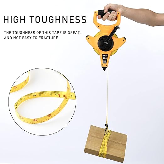 LAND 100FT30M Heavy Duty Fiberglass Tape Measure - 12-Inch Wide, Dual InchMetric Scale, Durable Open Reel Measuring Tape for Surveying, Engineering, Runway Construction