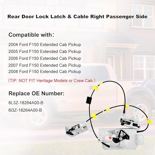 Passenger Right Side Upper and Lower Door Rear Lock Latch Actuator Cable Assembly Set for 2004-2008 Ford F150 Extended Cab Pickup Replaces 8L3Z-18264A00-B 6L3Z-18264A00-B